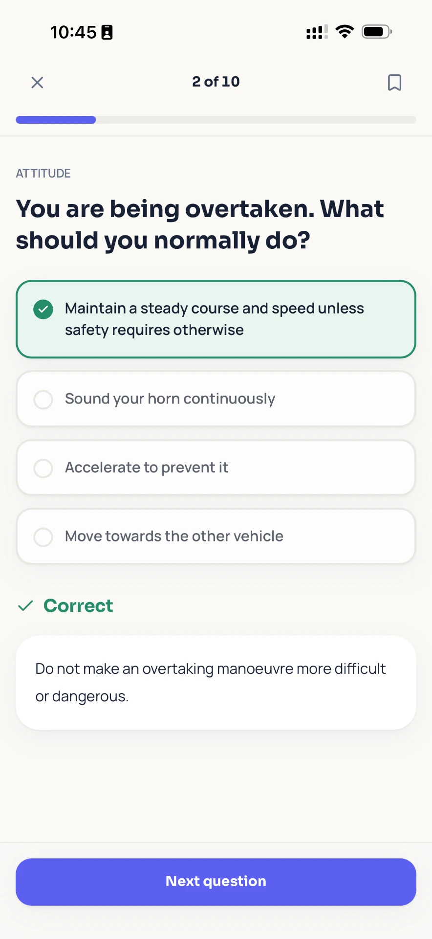 An Attitude question answered correctly, with the explanation shown and a Next question button